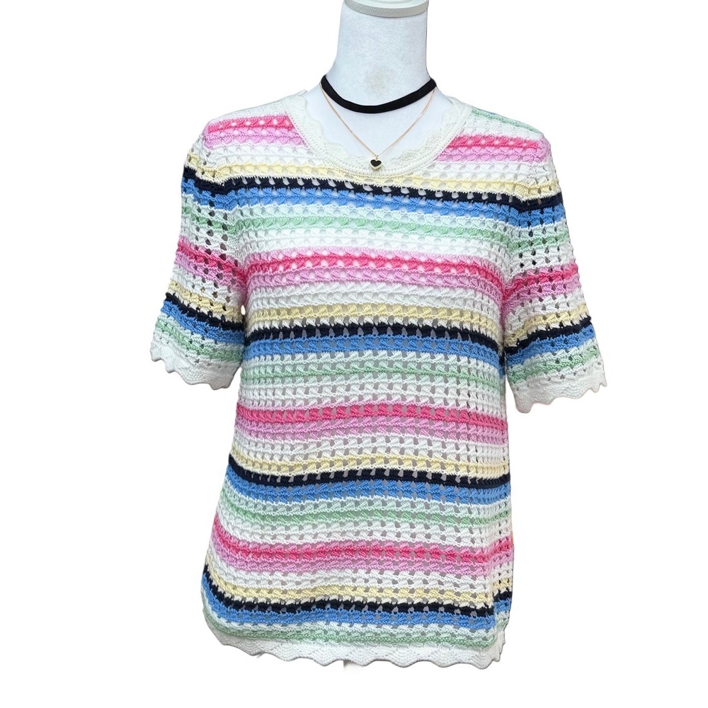 GAP Womens Rainbow Striped Cotton Crochet Small Top Open Knit Boho Summer - Picture 4 of 12